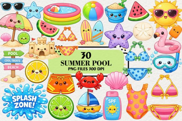 Download Kawaii Summer Pool Party Clipart Bundle - Clipart bundle Collection