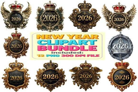 Download 2026 Royal Crown New Year Clipart Bundle - Clipart bundle Collection