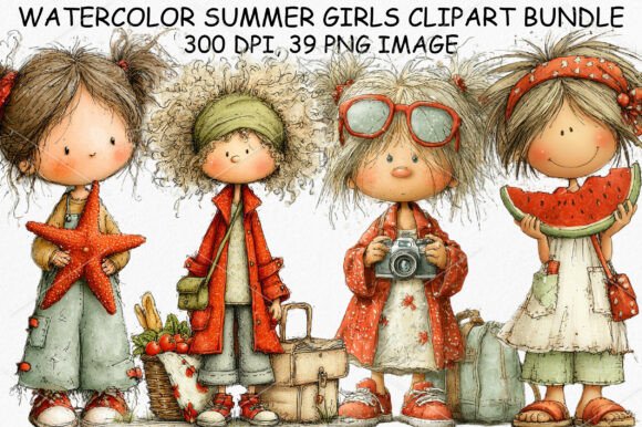 Download Watercolor Summer Girls Clipart Bundle - Clipart bundle Collection